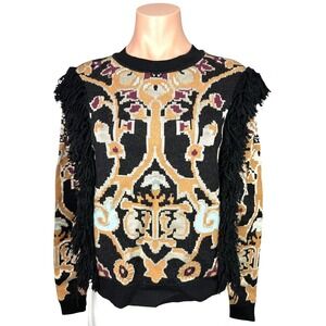Ronny Kobo Pullover Sweater Sz XS Long Sleeve Fringe Black Brown White Viscose